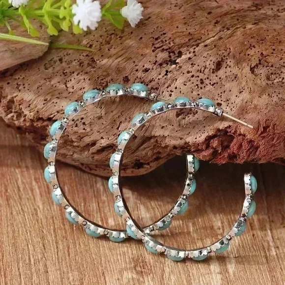 Multicolor Vacation Women's Turquoise Decor Open Hoop Earrings - Picture 2 of 2